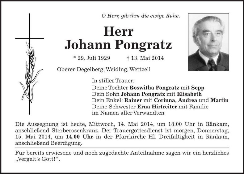 Traueranzeige Pongratz Johann