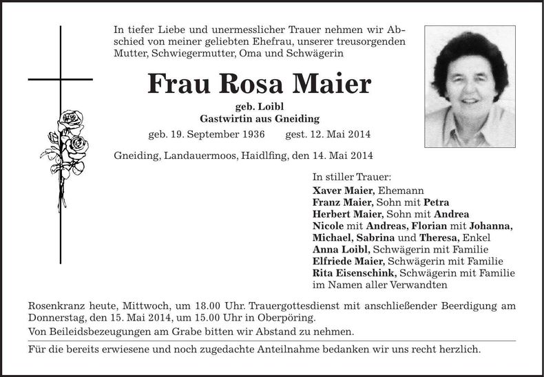 Traueranzeige Rosa Maier