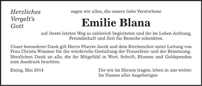 Traueranzeige Emilie Blana