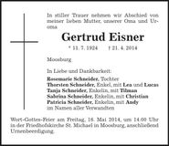 Traueranzeige Gertrud Eisner