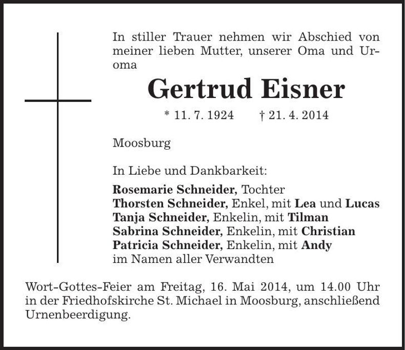 Traueranzeige Gertrud Eisner