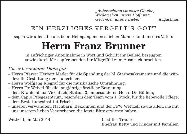 Traueranzeige Franz Brunner