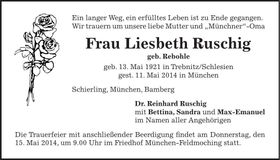 Traueranzeige Liesbeth Ruschig