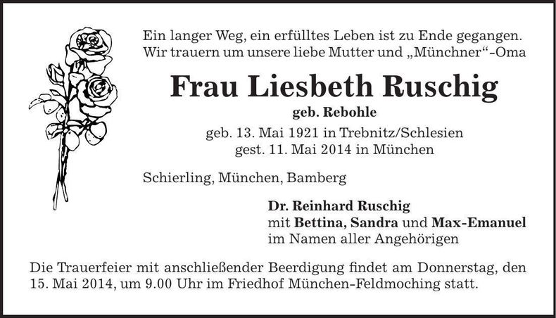 Traueranzeige Liesbeth Ruschig
