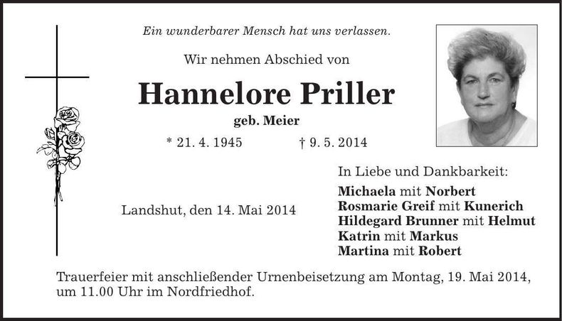 Traueranzeige Hannelore Priller