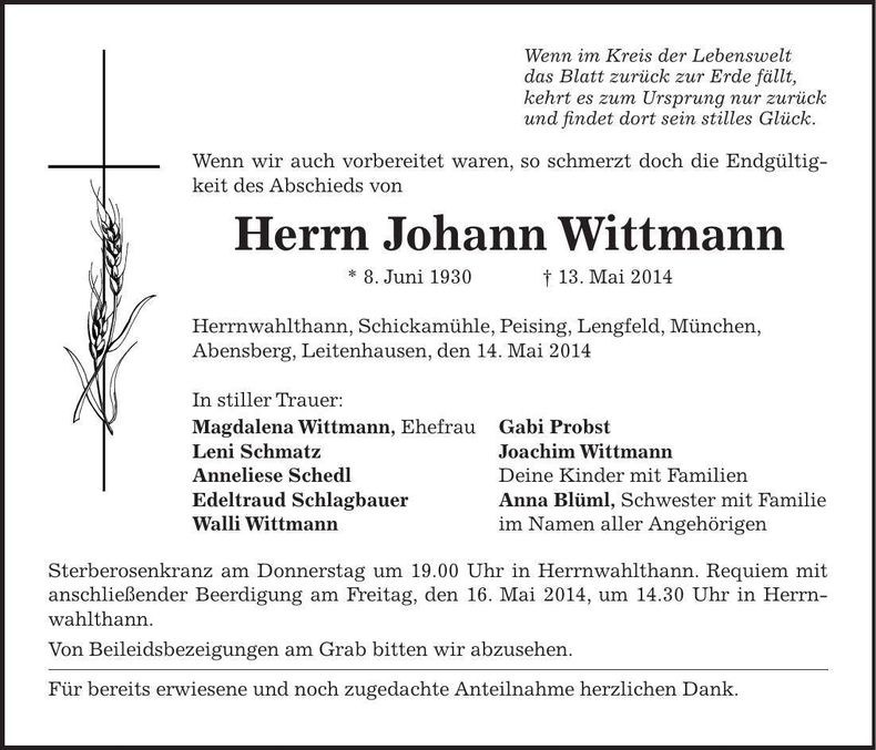 Traueranzeige Johann Wittmann