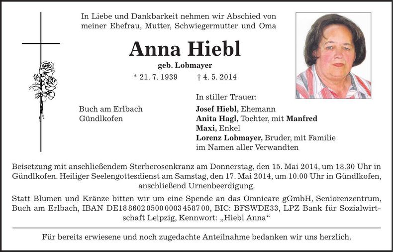 Traueranzeige Anna Hiebl