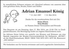 Traueranzeige Adrian Emanuel König