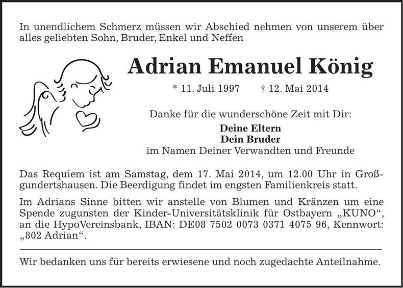 Traueranzeige Adrian Emanuel König