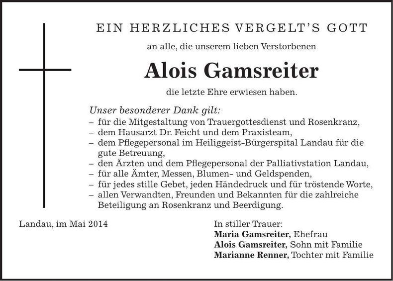 Traueranzeige Alois Gamsreiter