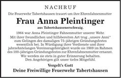Traueranzeige Anna Pleintinger