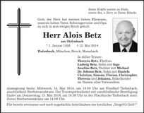 Traueranzeige Alois Betz