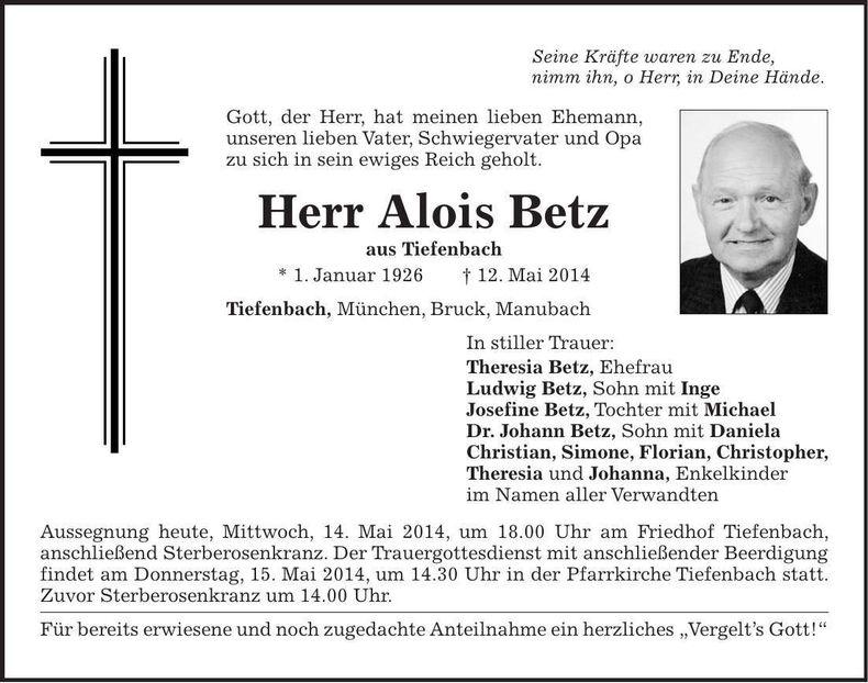 Traueranzeige Alois Betz