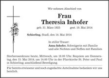Traueranzeige Theresia Inhofer