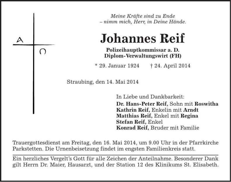 Traueranzeige Johannes Reif