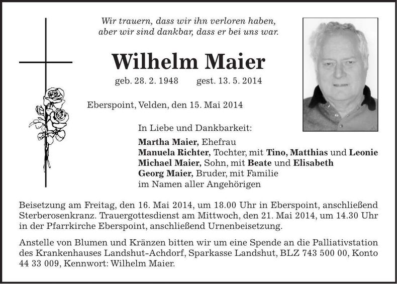Traueranzeige Wilhelm Maier