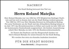 Traueranzeige Roland Matejka