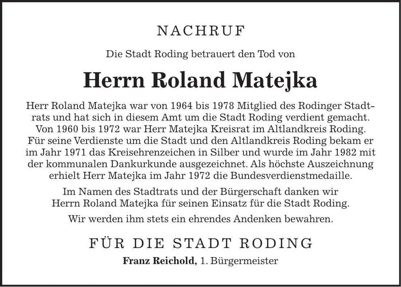Traueranzeige Roland Matejka