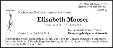 Traueranzeige Elisabeth Mooser