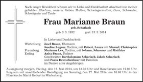 Traueranzeige Marianne Braun