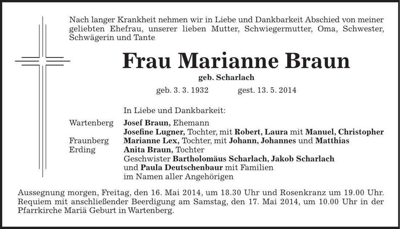 Traueranzeige Marianne Braun