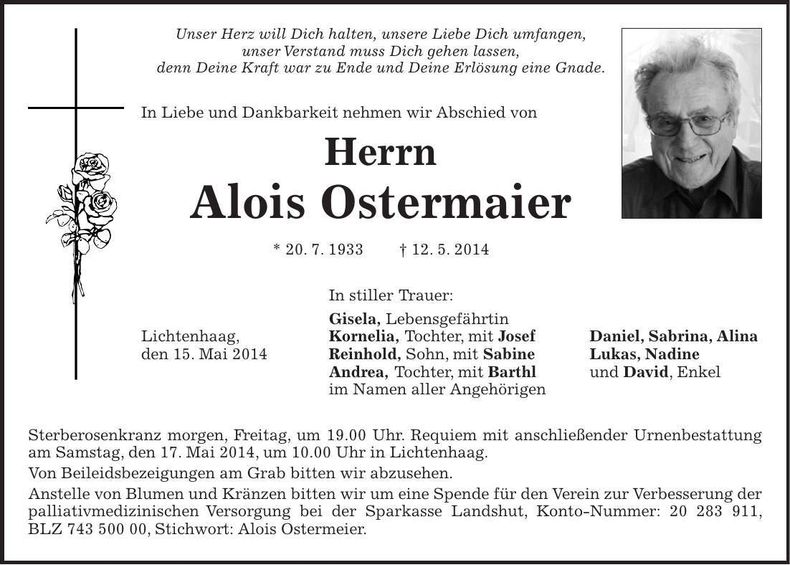 Traueranzeige Alois Ostermaier