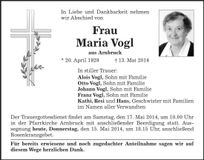 Traueranzeige Maria Vogl