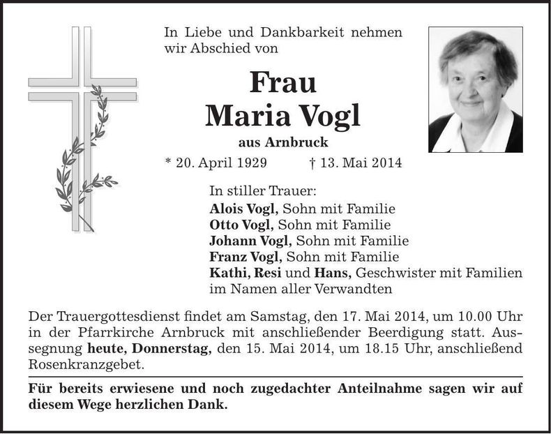 Traueranzeige Maria Vogl