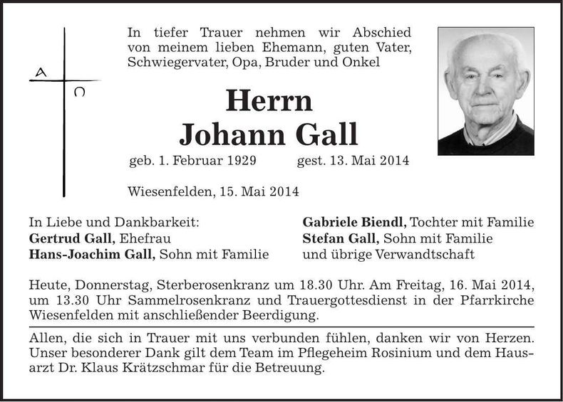 Traueranzeige Johann Gall