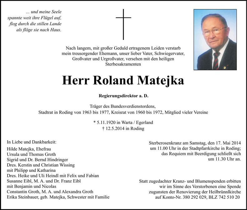 Traueranzeige Roland Matejka