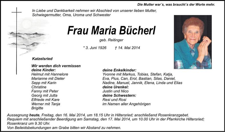 Traueranzeige Maria Bücherl