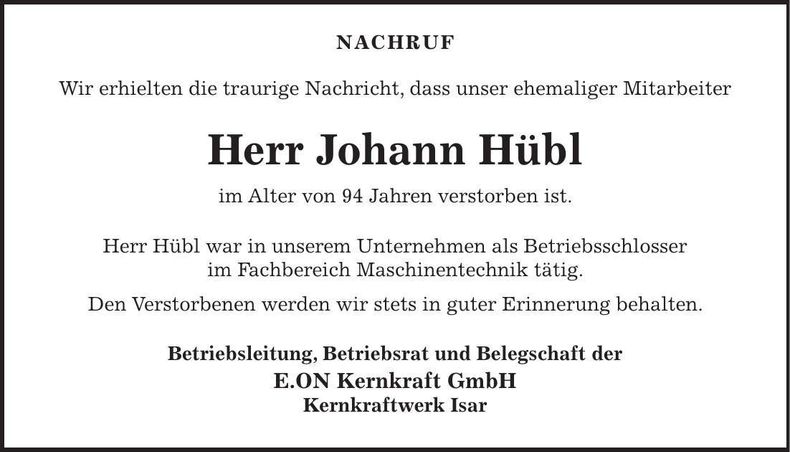 Traueranzeige Johann Hübl