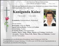 Traueranzeige Kunigunda Kainz