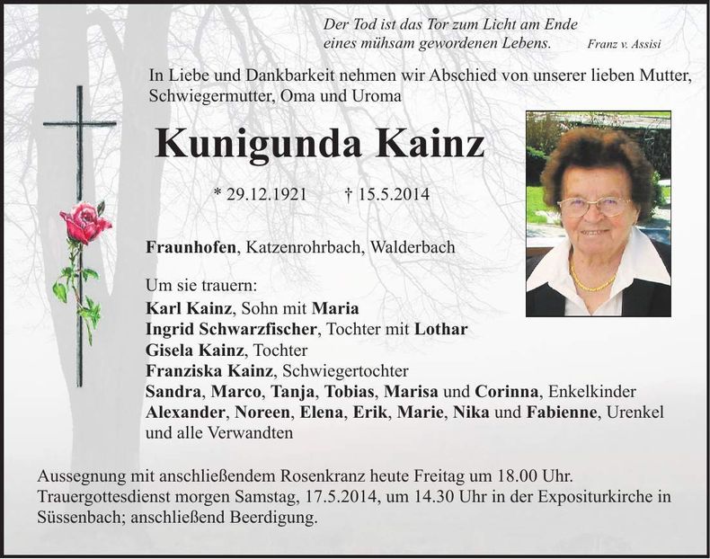Traueranzeige Kunigunda Kainz