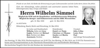 Traueranzeige Wilhelm Simmel