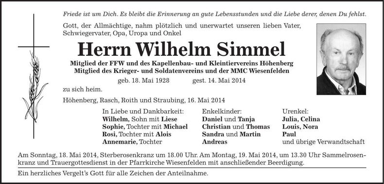 Traueranzeige Wilhelm Simmel