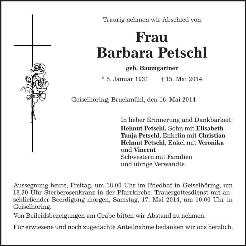 Traueranzeige Barbara Petschl