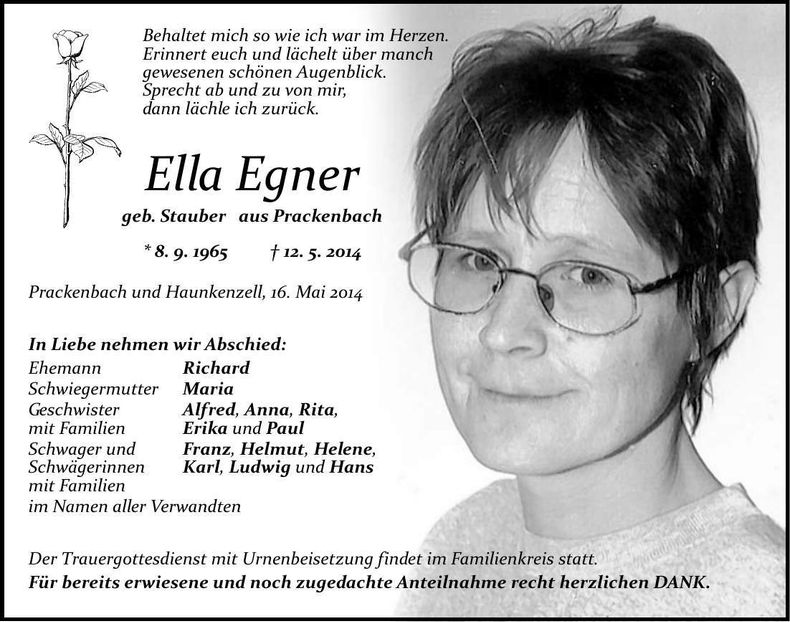 Traueranzeige Egner Ella