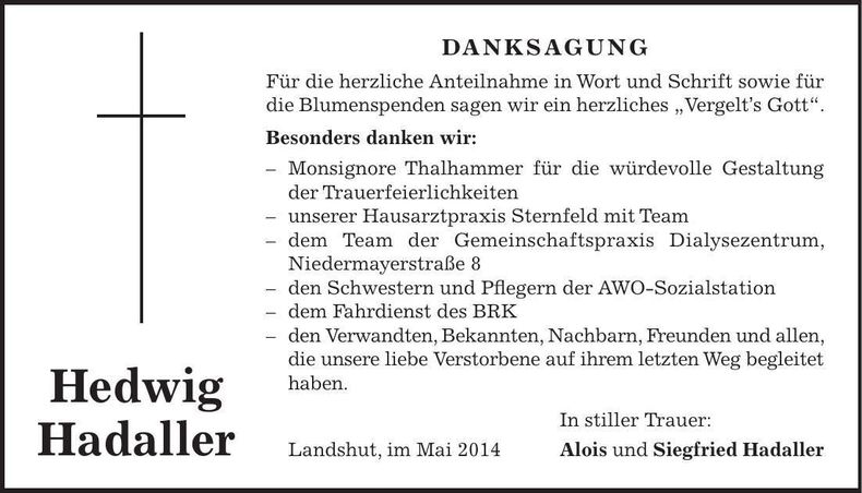 Traueranzeige Hedwig Hadaller