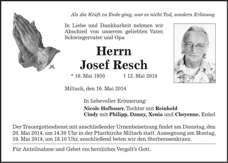 Traueranzeige Josef Resch