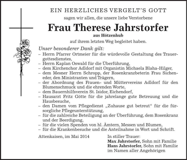 Traueranzeige Therese Jahrstorfer