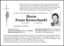 Traueranzeige Franz Kronschnabl