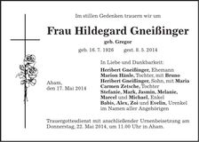 Traueranzeige Hildegard Gneißin ger