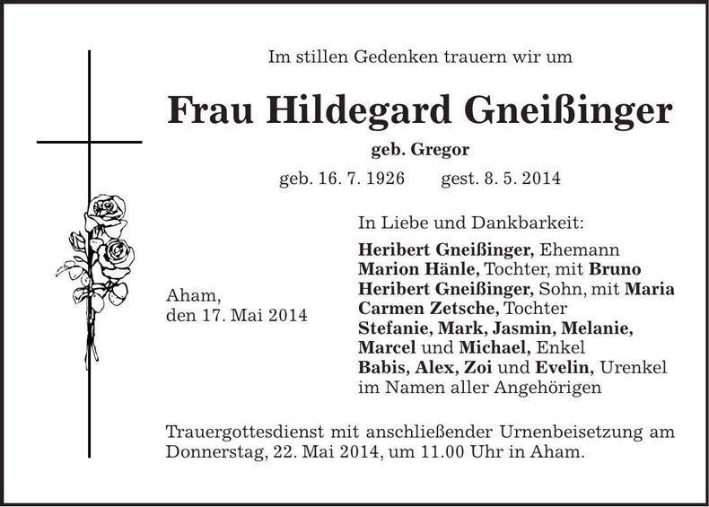 Traueranzeige Hildegard Gneißin ger