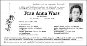 Traueranzeige Anna Waas