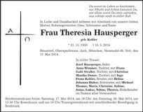 Traueranzeige Theresia Hausperger