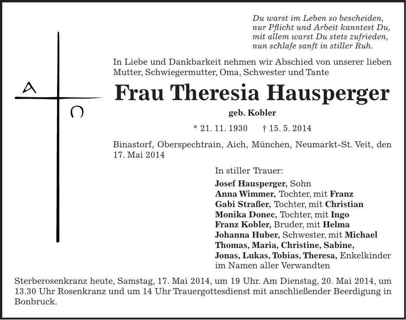 Traueranzeige Theresia Hausperger