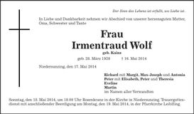 Traueranzeige Irmentraud Wolf