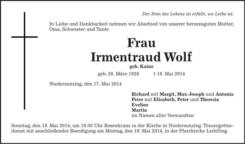 Traueranzeige Irmentraud Wolf