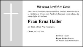 Traueranzeige Erna Haller